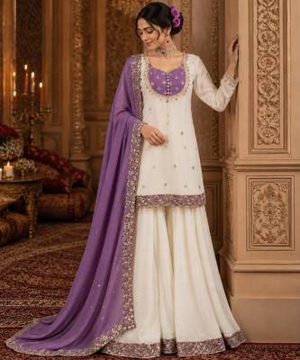 White silk blend embroidered palazzo set 3