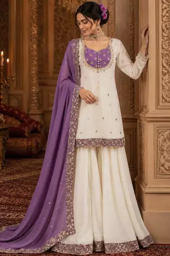 White silk blend embroidered palazzo set