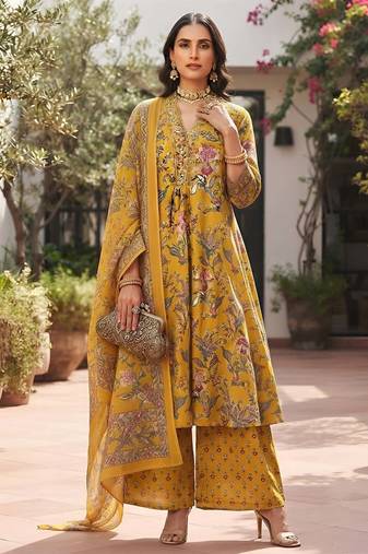 Yellow floral printed cotton kurta set