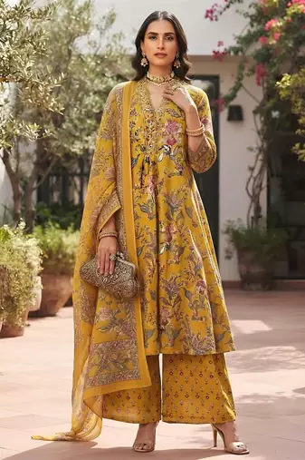 Yellow floral printed cotton kurta set