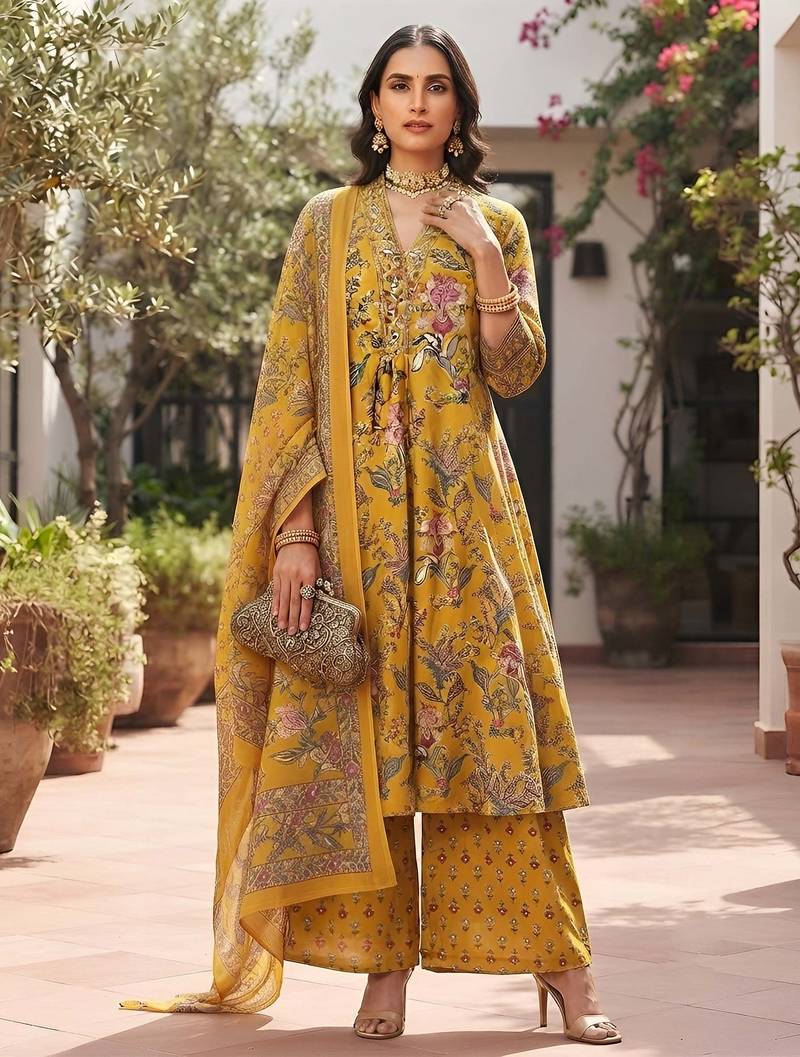 Yellow floral printed cotton kurta set