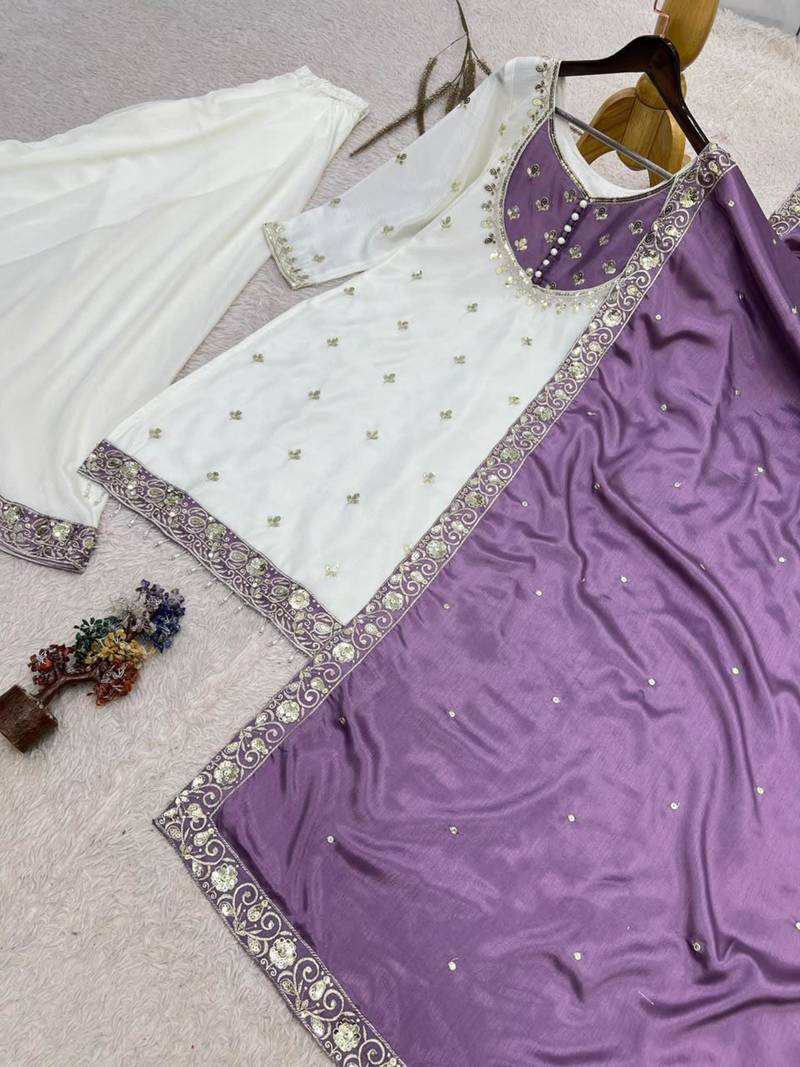 White silk blend embroidered palazzo set