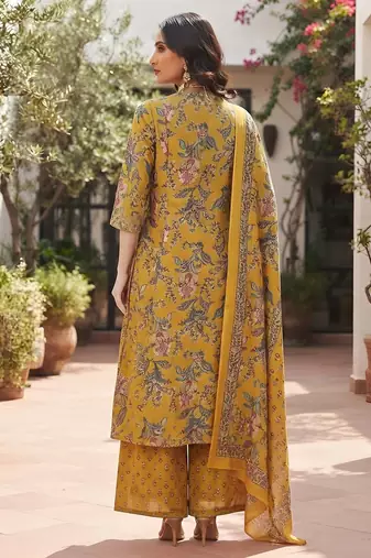 Yellow floral printed cotton kurta set