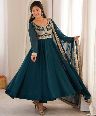 Teal georgette embroidered anarkali set 1