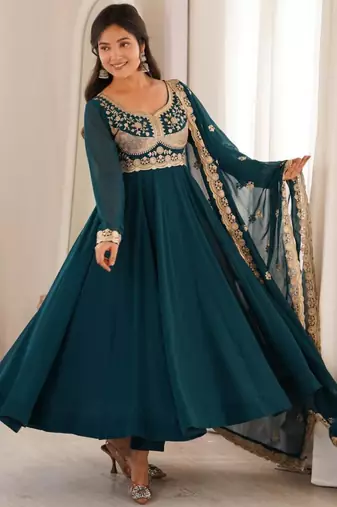 Teal georgette embroidered anarkali set
