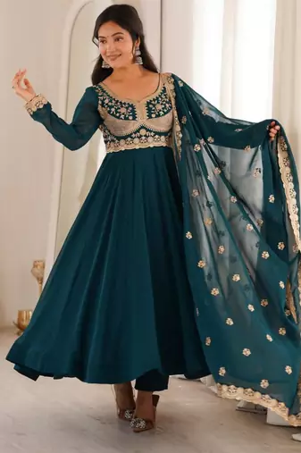 Teal georgette embroidered anarkali set