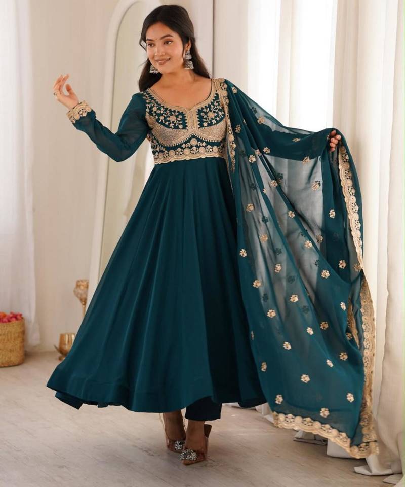 Teal georgette embroidered anarkali set