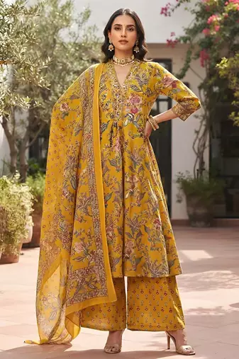 Yellow floral printed cotton kurta set