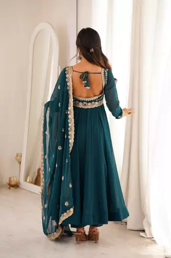 Teal georgette embroidered anarkali set