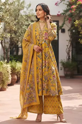 Yellow floral printed cotton kurta set