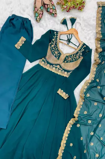 Teal georgette embroidered anarkali set
