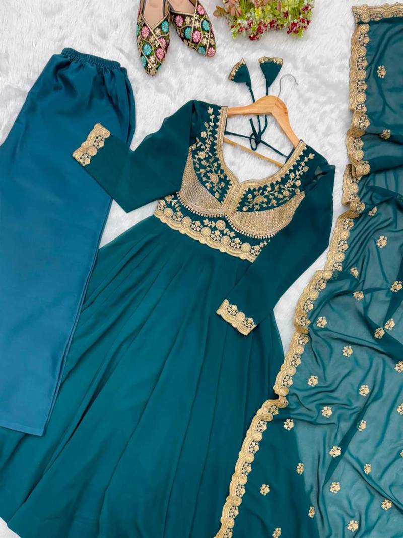 Teal georgette embroidered anarkali set