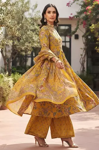 Yellow floral printed cotton kurta set