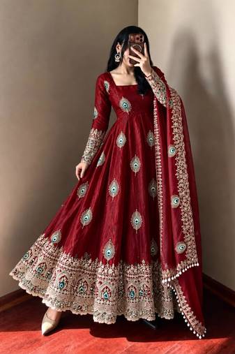 Maroon silk blend embroidered flared gown set
