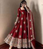 Maroon silk blend embroidered flared gown set