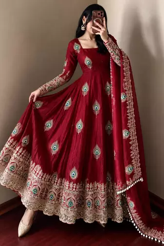 Maroon silk blend embroidered flared gown set