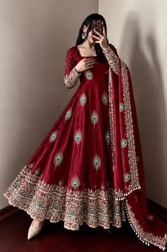 Maroon silk blend embroidered flared gown set