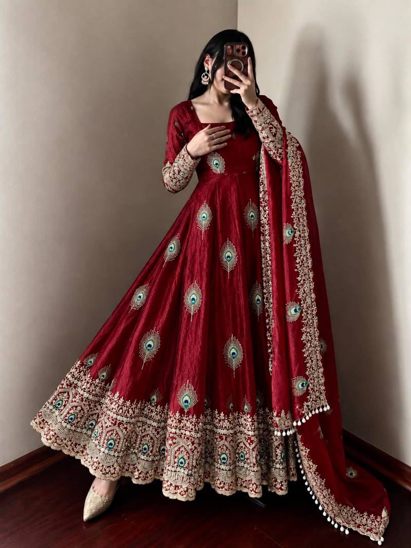 Maroon silk blend embroidered flared gown set