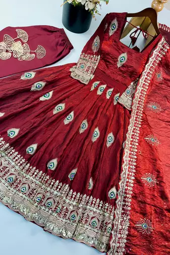 Maroon silk blend embroidered flared gown set