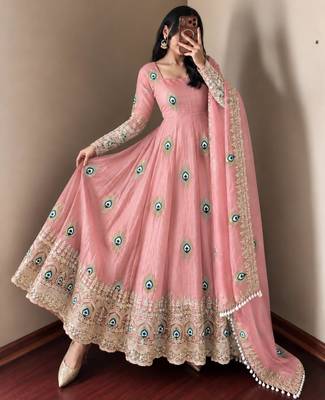 Light-pink silk blend embroidered flared gown set 1