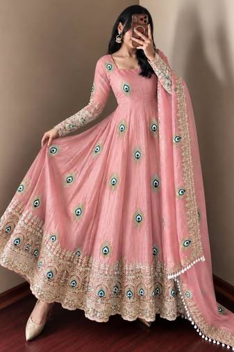 Light-pink silk blend embroidered flared gown set