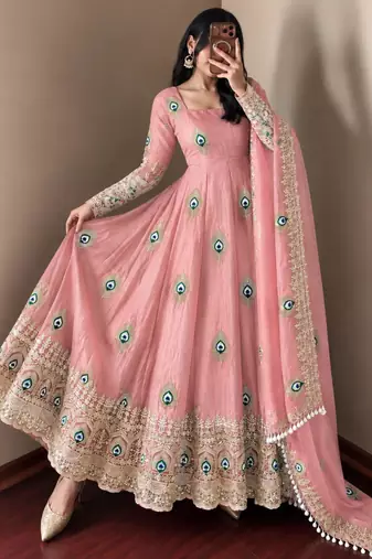 Light-pink silk blend embroidered flared gown set