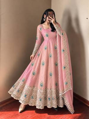 Light-pink silk blend embroidered flared gown set 2