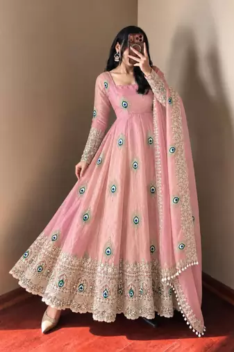 Light-pink silk blend embroidered flared gown set