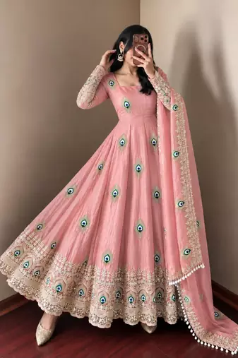 Light-pink silk blend embroidered flared gown set