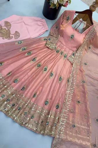 Light-pink silk blend embroidered flared gown set