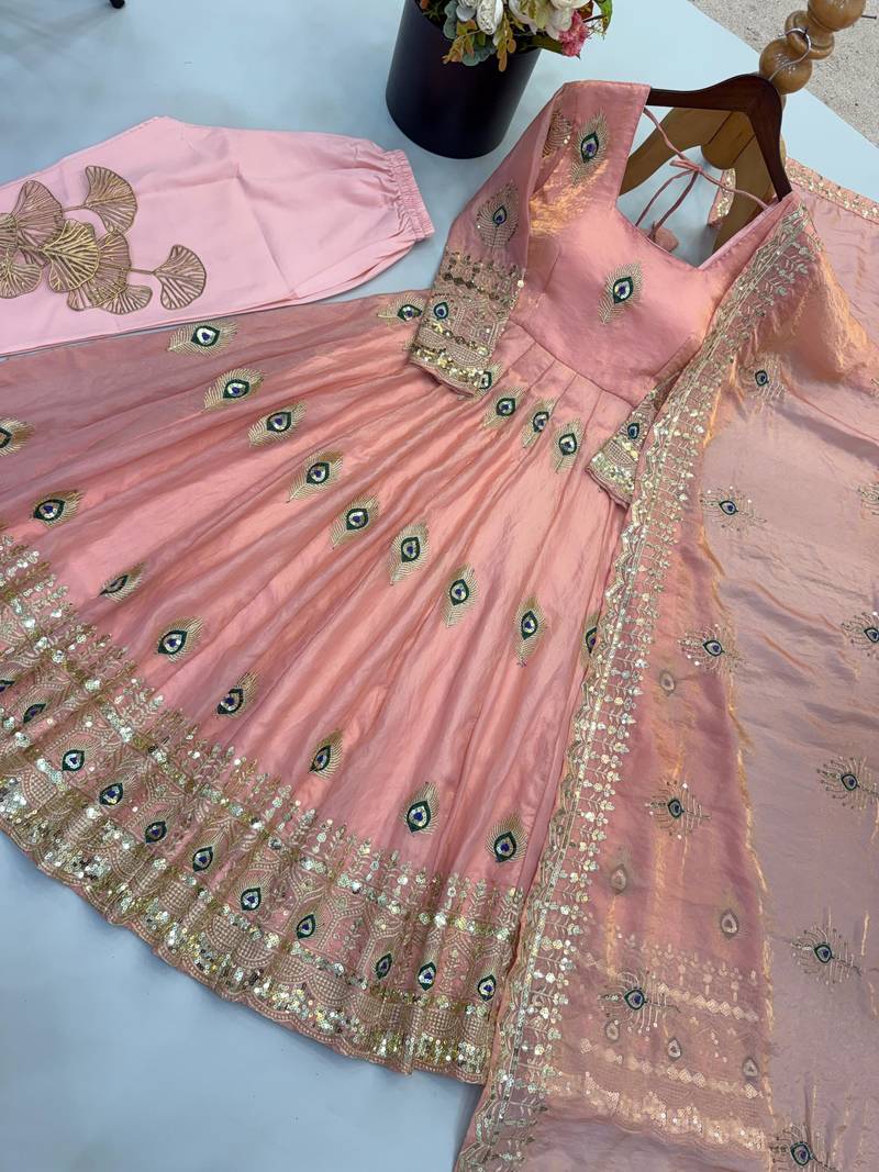 Light-pink silk blend embroidered flared gown set