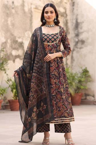 Black floral printed cotton kurta set