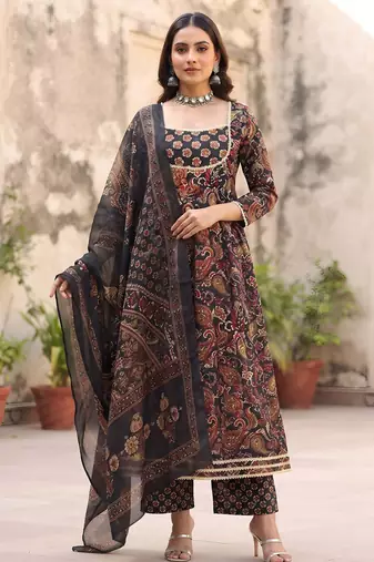 Black floral printed cotton kurta set