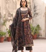 Black floral printed cotton kurta set