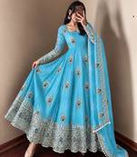 Sky-blue silk blend embroidered flared gown set