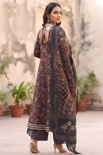Black floral printed cotton kurta set