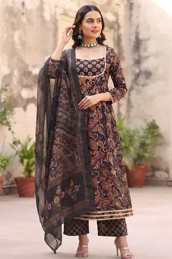 Black floral printed cotton kurta set