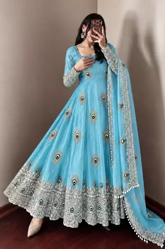 Sky-blue silk blend embroidered flared gown set