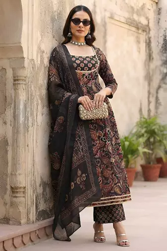 Black floral printed cotton kurta set
