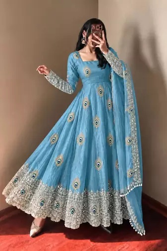 Sky-blue silk blend embroidered flared gown set