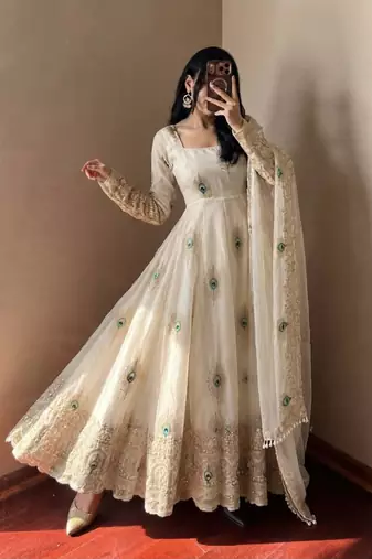 Cream silk blend embroidered flared gown set