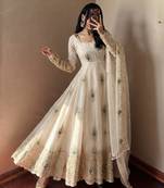 Cream silk blend embroidered flared gown set