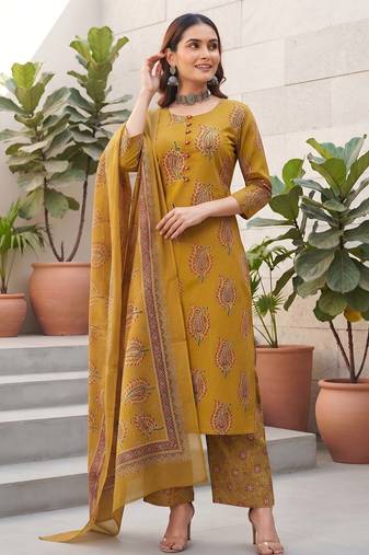 Yellow floral printed cotton kurta set