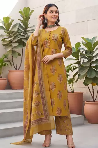 Yellow floral printed cotton kurta set