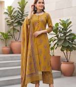 Yellow floral printed cotton kurta set