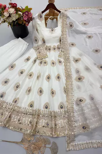 Cream silk blend embroidered flared gown set