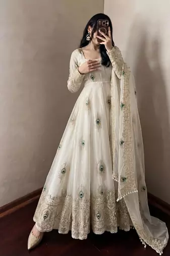 Cream silk blend embroidered flared gown set