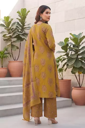 Yellow floral printed cotton kurta set
