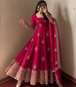 Rani-pink silk blend embroidered flared gown set