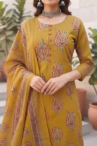 Yellow floral printed cotton kurta set